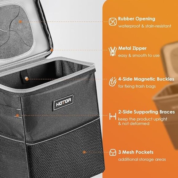 Car Trash Can with Lid and Storage Pockets - Picture 2 of 5